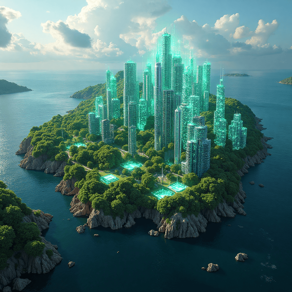 섬 위에 세워진 친환경 스마트시티의 항공 전경