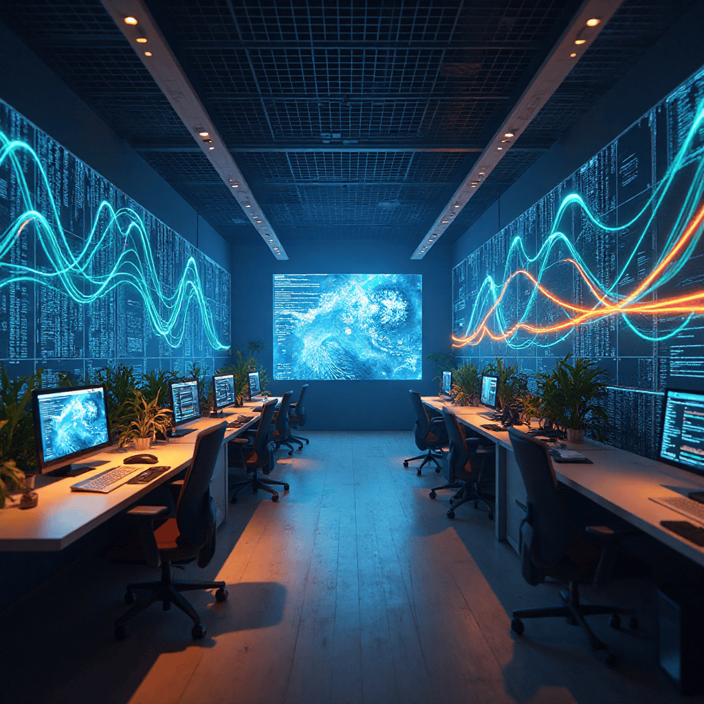 데이터 흐름이 시각화된 글로벌 관제 센터