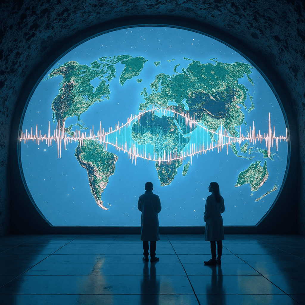 지구 지도 앞에서 데이터 파형을 분석하는 연구자들