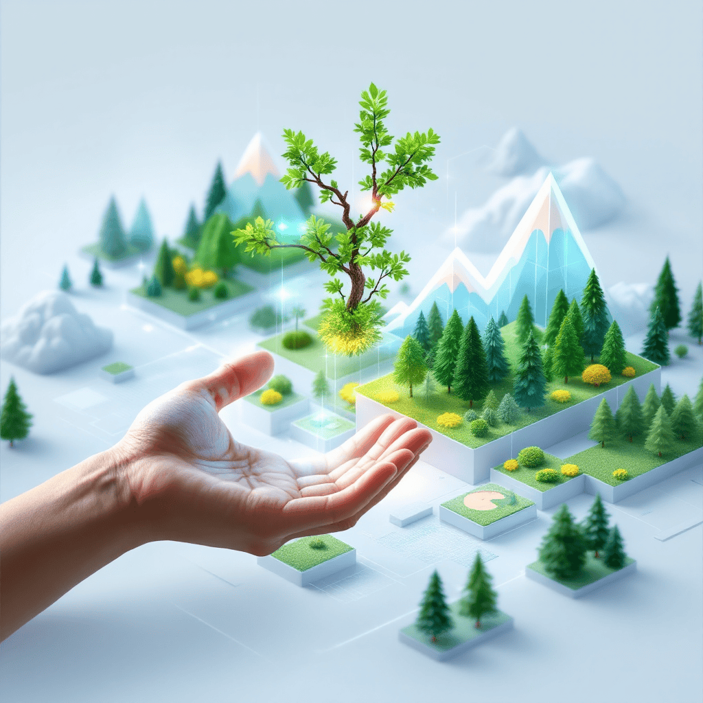 손 위에서 자라는 나무와 디지털 생태계의 상징