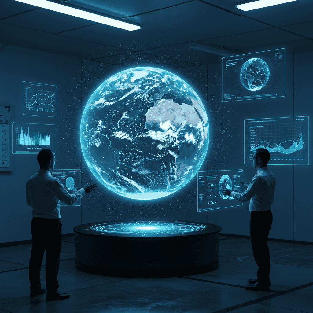 홀로그램 지구본을 중심으로 환경 데이터를 모니터링하는 분석가들