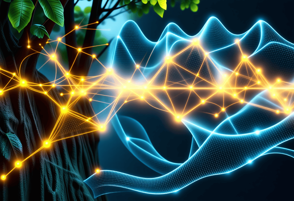 나무 뿌리와 데이터가 연결된 자연-기술 융합 구조