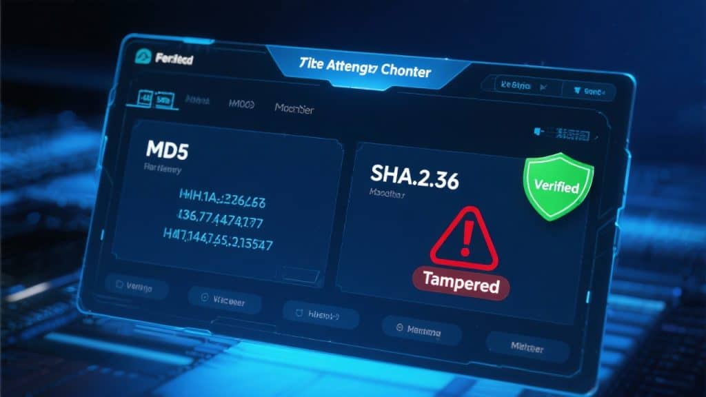 MD5와 SHA 해시값 검증 결과가 ‘Verified’와 ‘Tampered’로 표시된 보안 체크 화면