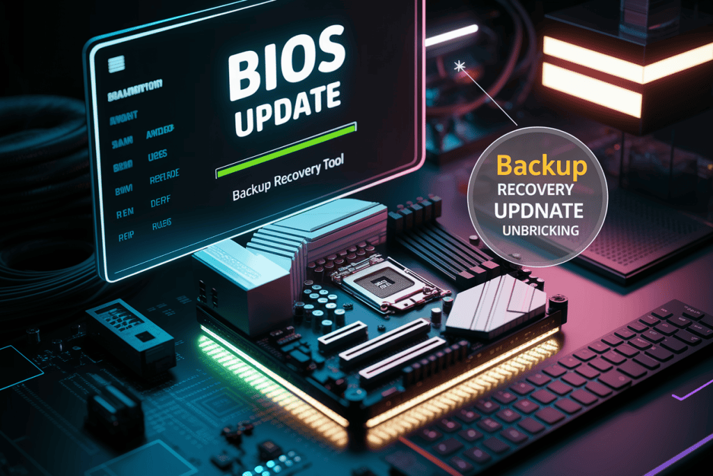 메인보드 위로 BIOS 업데이트 안내와 백업·복구 옵션이 표시된 시스템 업데이트 화면